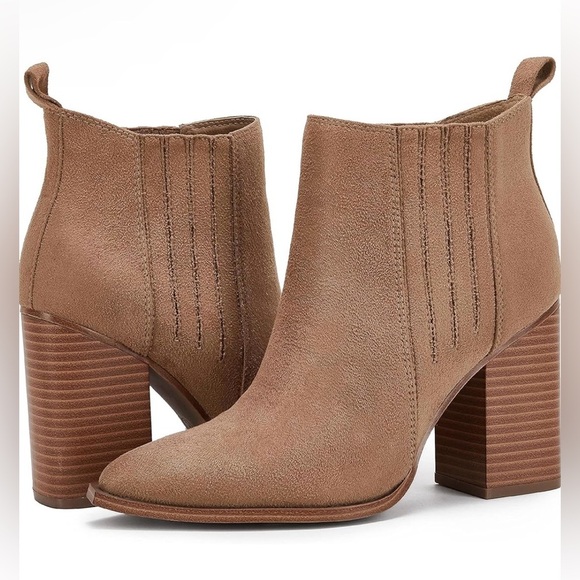 NIB Seraih Pointed Toe Slip on Booties Stacked Mid Block Heel Faux Leather Boots - Picture 1 of 3